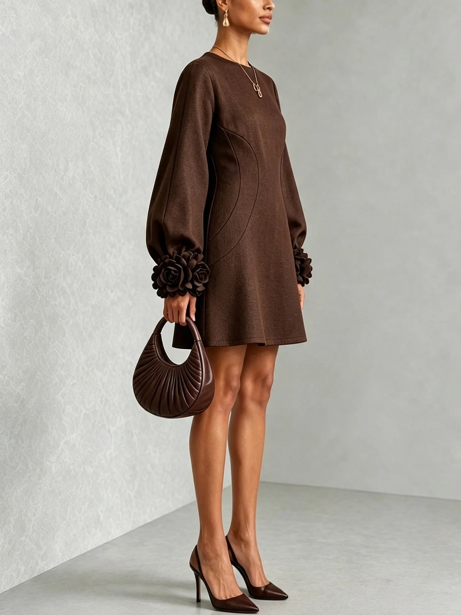 Chocolate Brown Belted A-line Mini Dress Featuring Striking Floral Cuffs