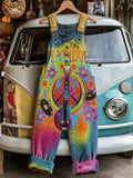 Women's Retro Style Art Print Washed Cotton Denim Patchwork Jumpsuit
