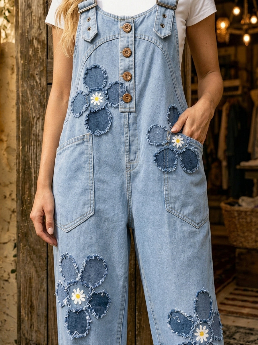 Women's Retro Style Art Print Washed Cotton Denim Patchwork Jumpsuit