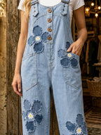 Women's Retro Style Art Print Washed Cotton Denim Patchwork Jumpsuit