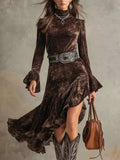High-neck Long-sleeved Bell Sleeves Velvet Midi Dress