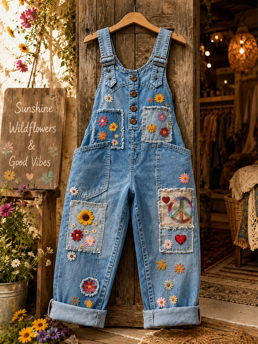 Women's Retro Style Art Print Washed Cotton Denim Patchwork Jumpsuit