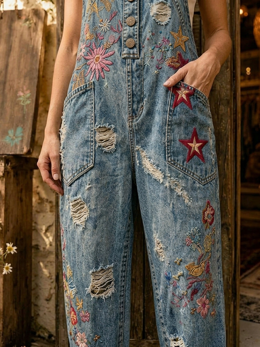 Women's Retro Style Art Print Washed Cotton Denim Patchwork Jumpsuit