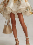 Beige floral organza A-line mini dress with lace trim