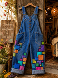 Women's Retro Style Art Print Washed Cotton Denim Patchwork Jumpsuit