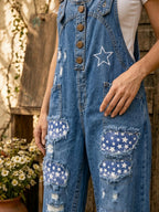 Women's Retro Style Art Print Washed Cotton Denim Patchwork Jumpsuit