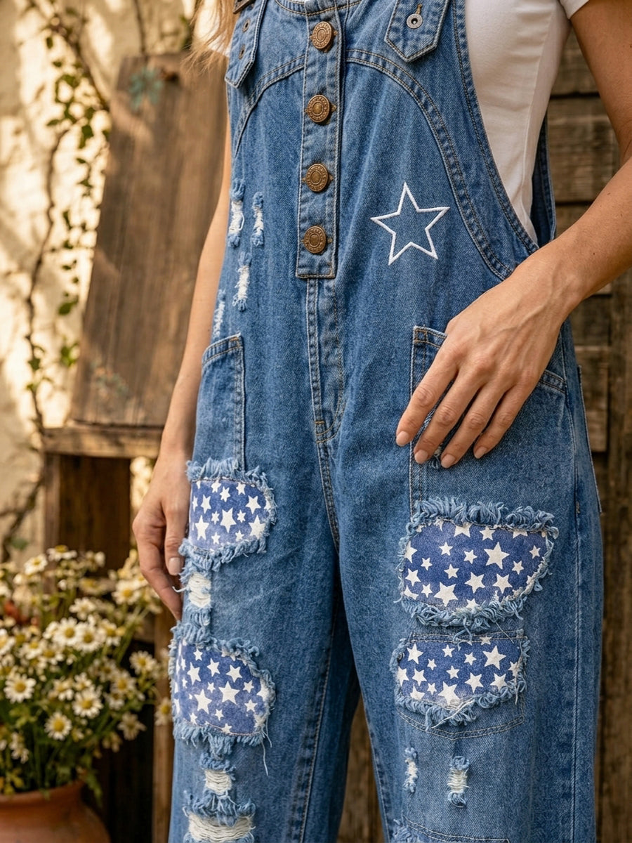 Women's Retro Style Art Print Washed Cotton Denim Patchwork Jumpsuit