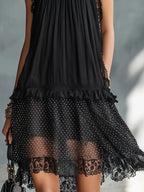 Black Lace-trimmed Ruffled Sheer Polka Dot Mini Dress