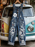 Women's Retro Style Art Print Washed Cotton Denim Patchwork Jumpsuit