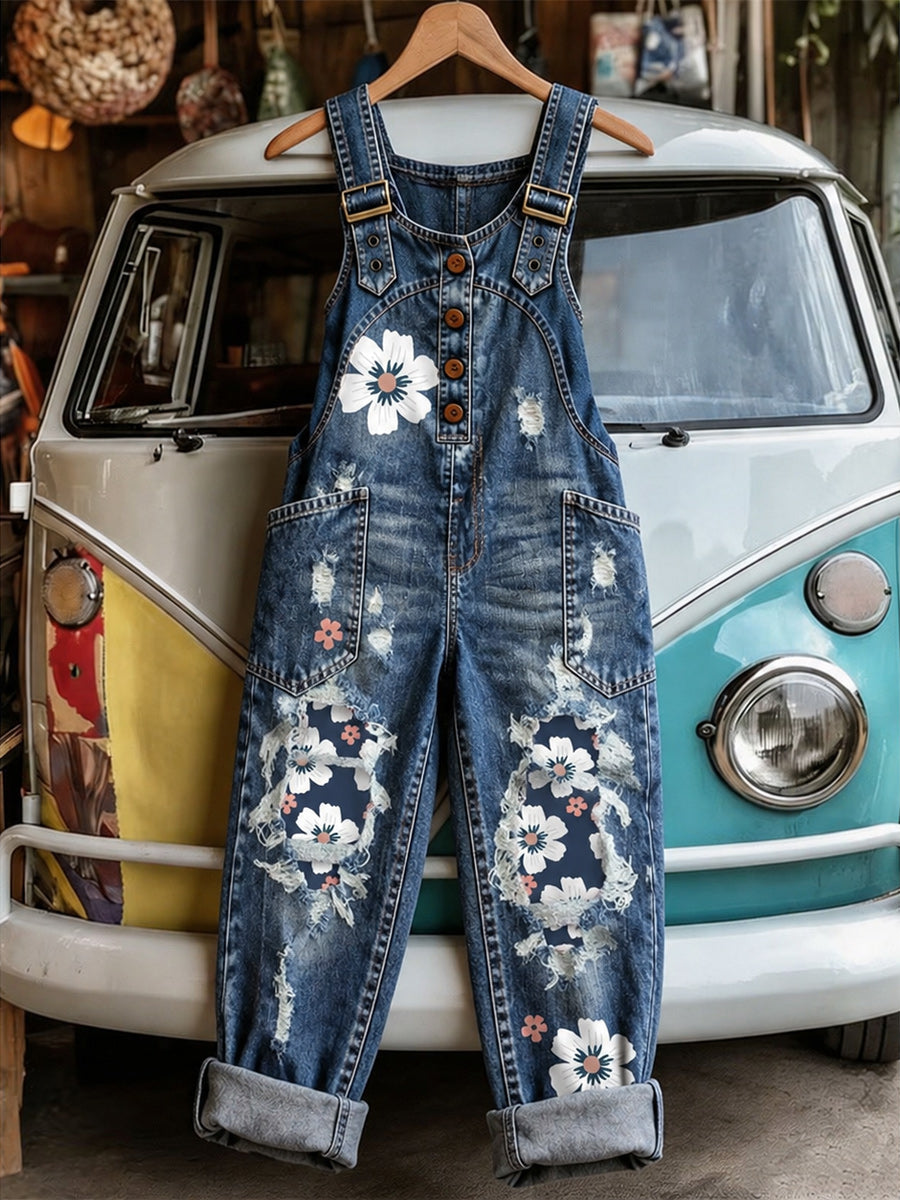Women's Retro Style Art Print Washed Cotton Denim Patchwork Jumpsuit
