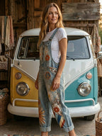 Women's Retro Style Art Print Washed Cotton Denim Patchwork Jumpsuit