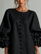 Black Floral Button-down Mini Dress With Striking Floral Cuffs