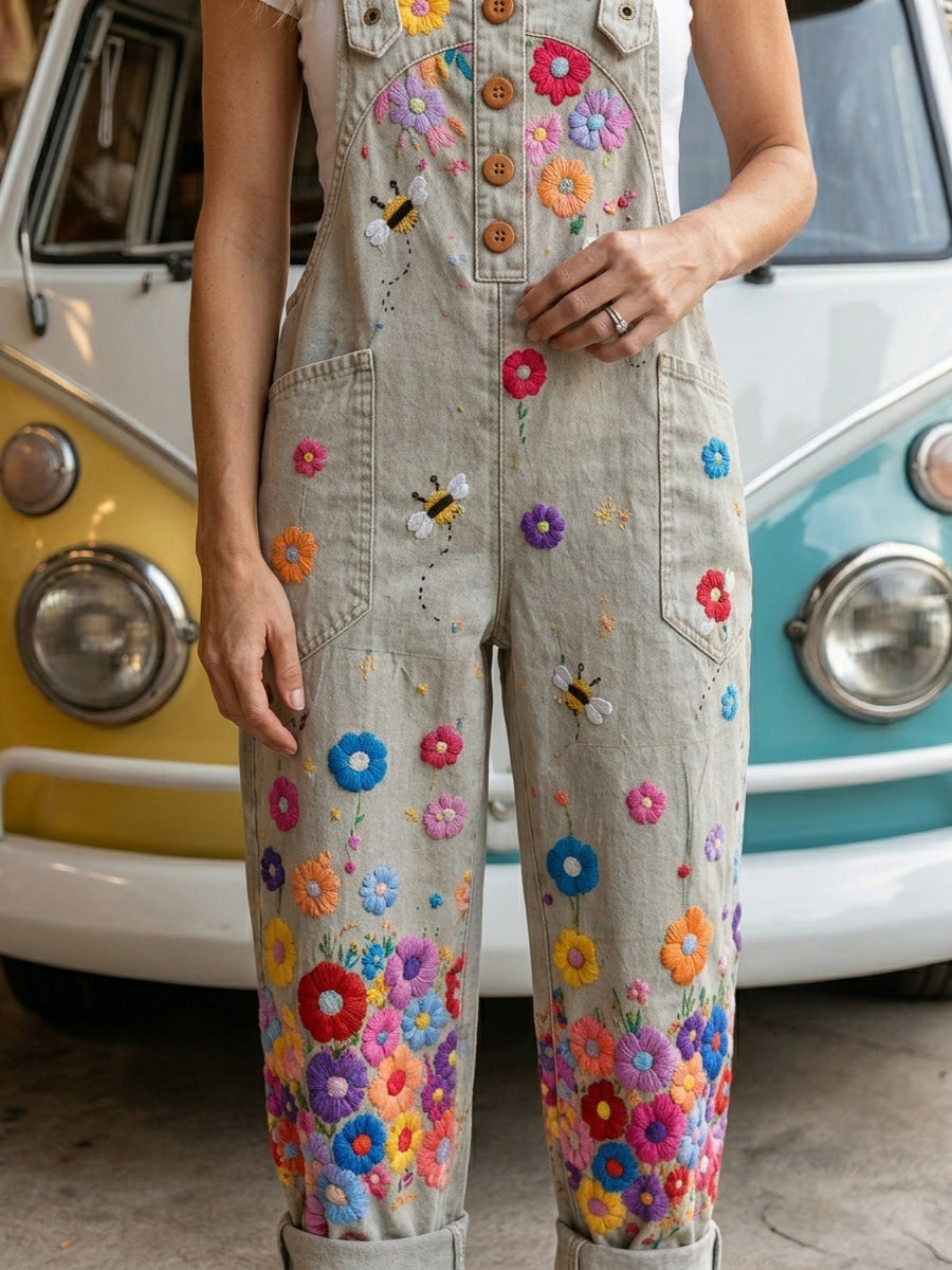 Women's Retro Style Art Print Washed Cotton Denim Patchwork Jumpsuit
