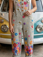 Women's Retro Style Art Print Washed Cotton Denim Patchwork Jumpsuit