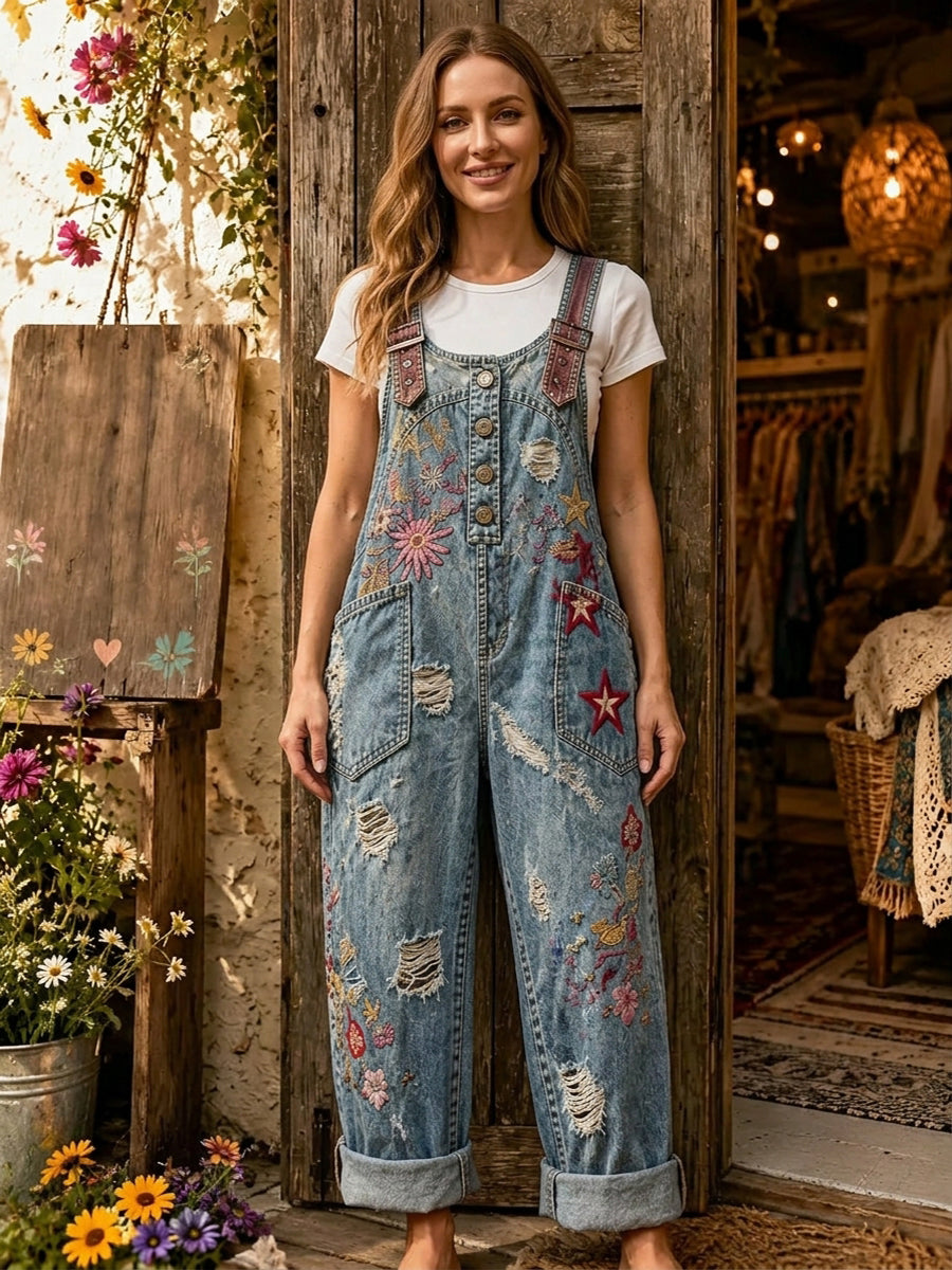 Women's Retro Style Art Print Washed Cotton Denim Patchwork Jumpsuit