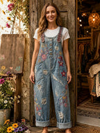 Women's Retro Style Art Print Washed Cotton Denim Patchwork Jumpsuit