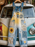 Women's Retro Style Art Print Washed Cotton Denim Patchwork Jumpsuit