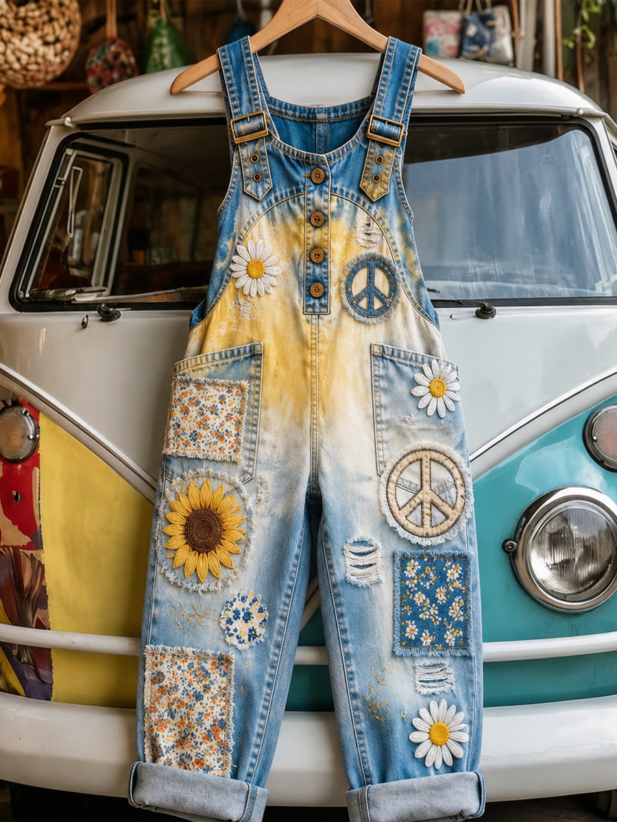 Women's Retro Style Art Print Washed Cotton Denim Patchwork Jumpsuit