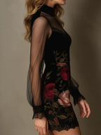 Velvet Rose Print Tulle Lace Trim Mini Dress