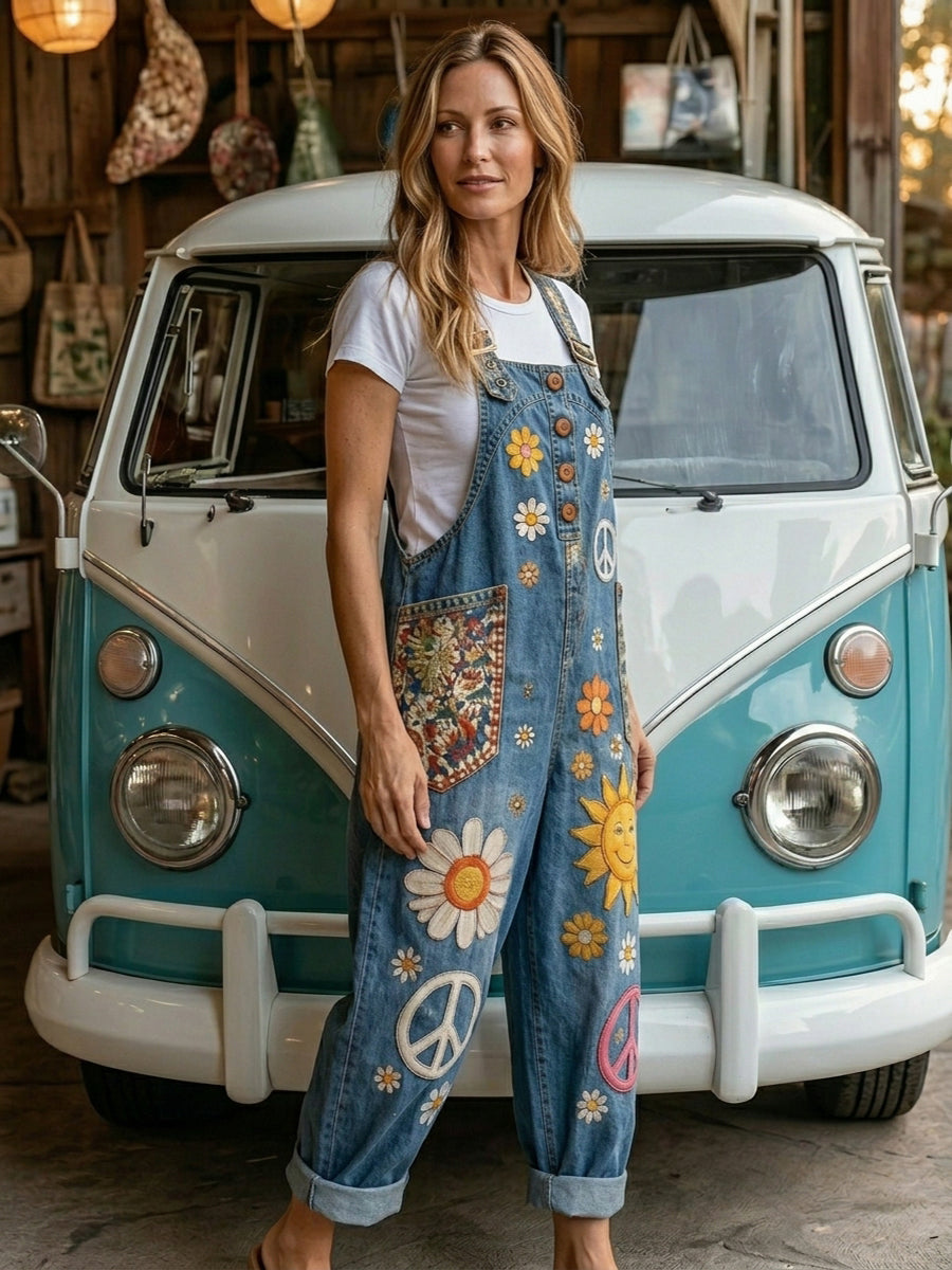 Women's Retro Style Art Print Washed Cotton Denim Patchwork Jumpsuit