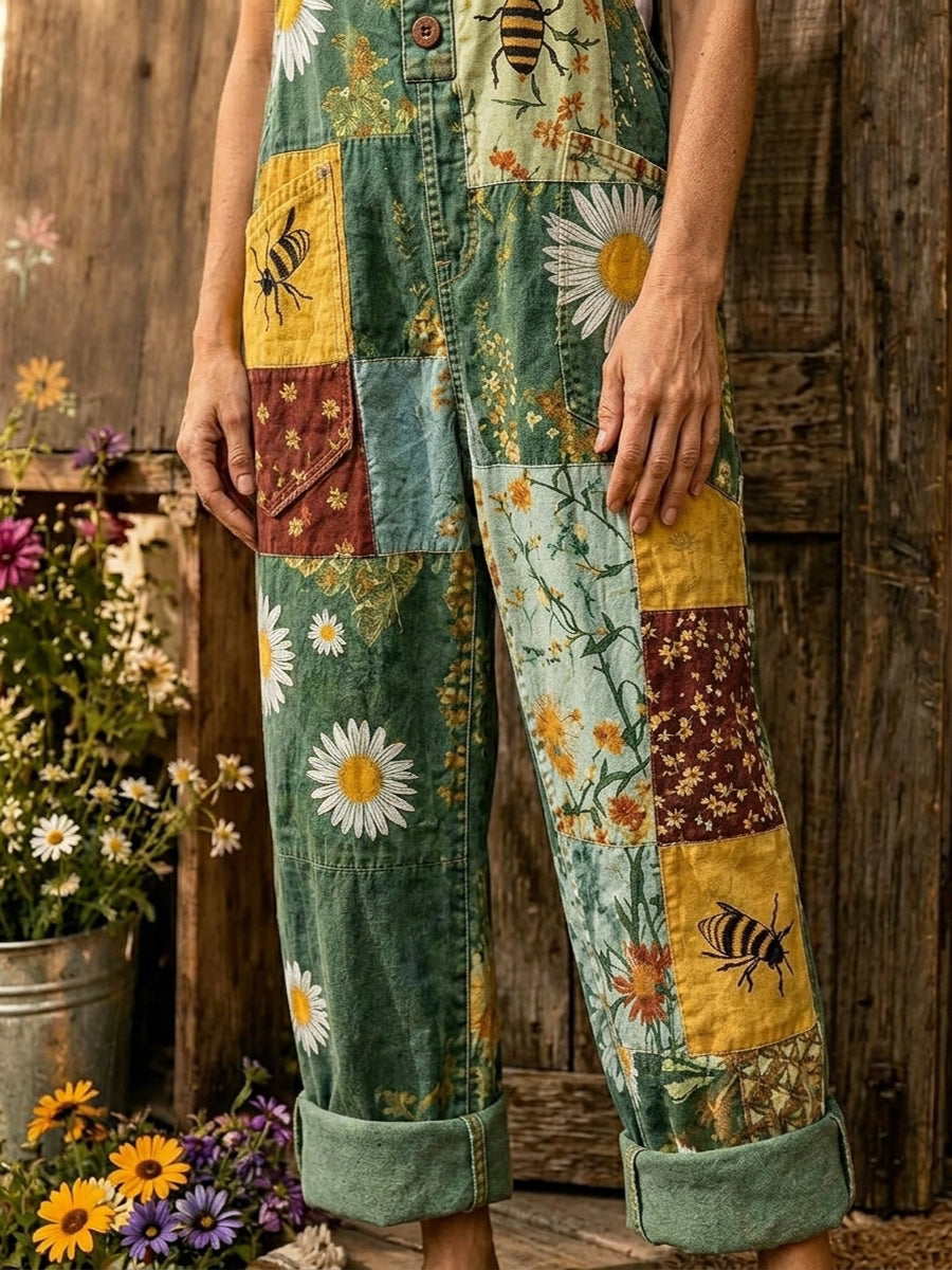 Women's Retro Style Art Print Washed Cotton Denim Patchwork Jumpsuit
