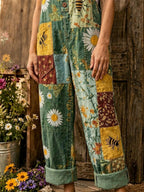 Women's Retro Style Art Print Washed Cotton Denim Patchwork Jumpsuit