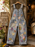 Women's Retro Style Art Print Washed Cotton Denim Patchwork Jumpsuit