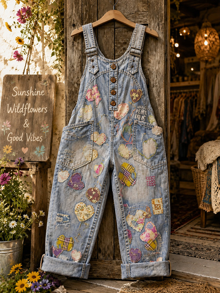 Women's Retro Style Art Print Washed Cotton Denim Patchwork Jumpsuit