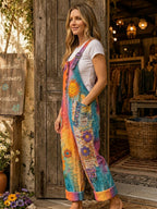 Women's Retro Art Print Denim Patchwork Jumpsuit