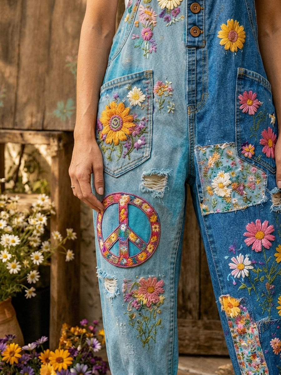 Women's Retro Style Art Print Washed Cotton Denim Patchwork Jumpsuit