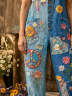 Women's Retro Style Art Print Washed Cotton Denim Patchwork Jumpsuit