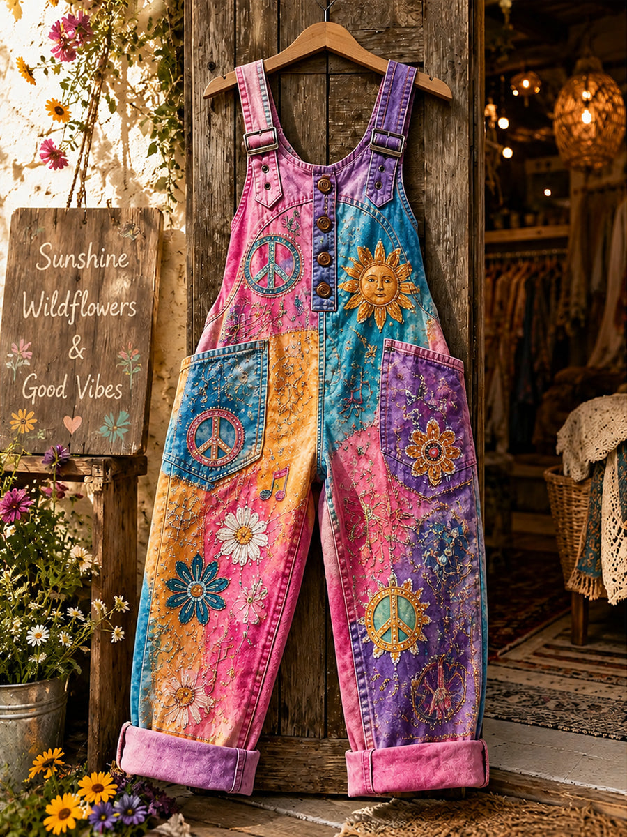 Women's Retro Style Art Print Washed Cotton Denim Patchwork Jumpsuit