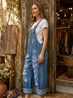 Women's Retro Style Art Print Washed Cotton Denim Patchwork Jumpsuit