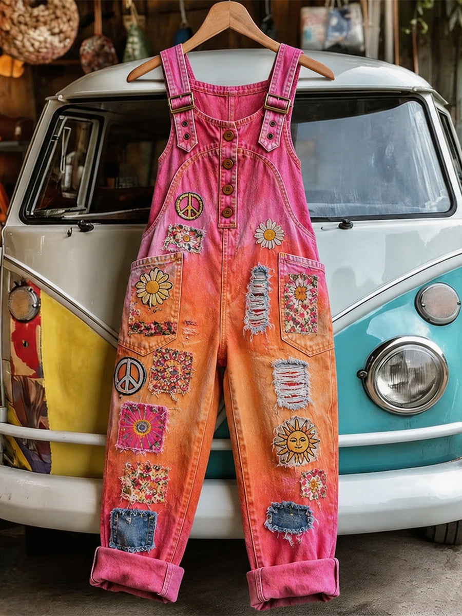 Women's Retro Style Art Print Washed Cotton Denim Patchwork Jumpsuit