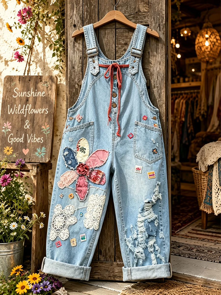 Women's Retro Style Art Print Washed Cotton Denim Patchwork Jumpsuit