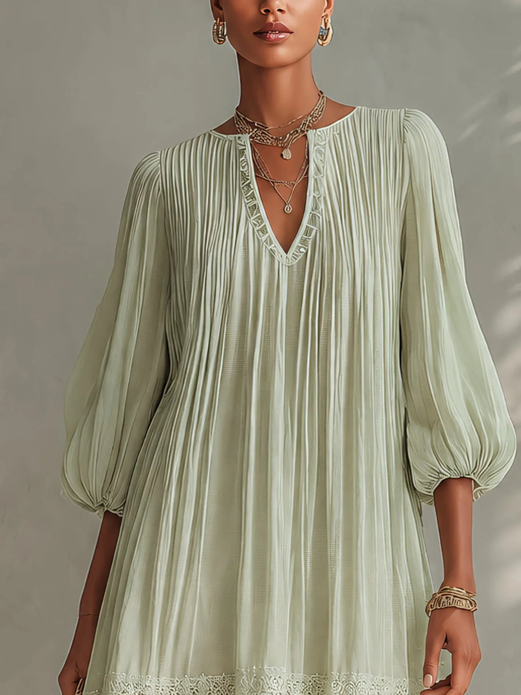 Light Green Ppleated Chiffon Lantern Sleeve Lace Mini Dress