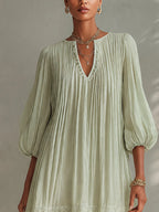 Light Green Ppleated Chiffon Lantern Sleeve Lace Mini Dress
