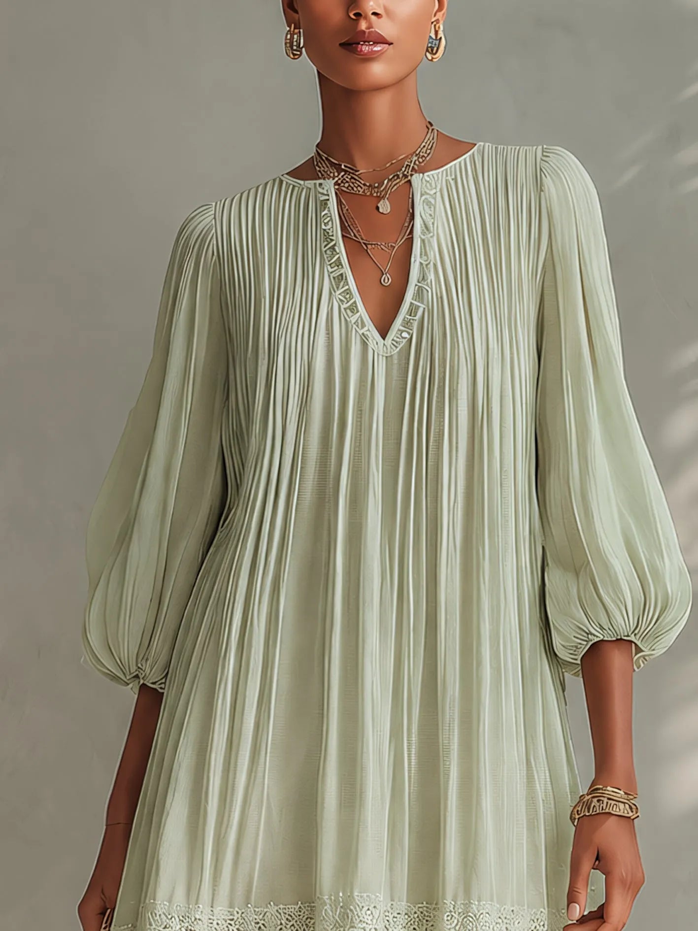 Light Green Ppleated Chiffon Lantern Sleeve Lace Mini Dress