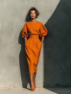 Orange Mid-sleeve Top And Midi Skirt Set