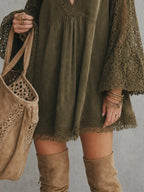 Olive Green Faux Suede Deep V Lace Flare Sleeve Mini Dress
