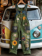 Women's Retro Style Art Print Washed Cotton Denim Patchwork Jumpsuit