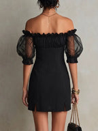 Black Off-Shoulder Puff Sleeve Studded Mini Dress