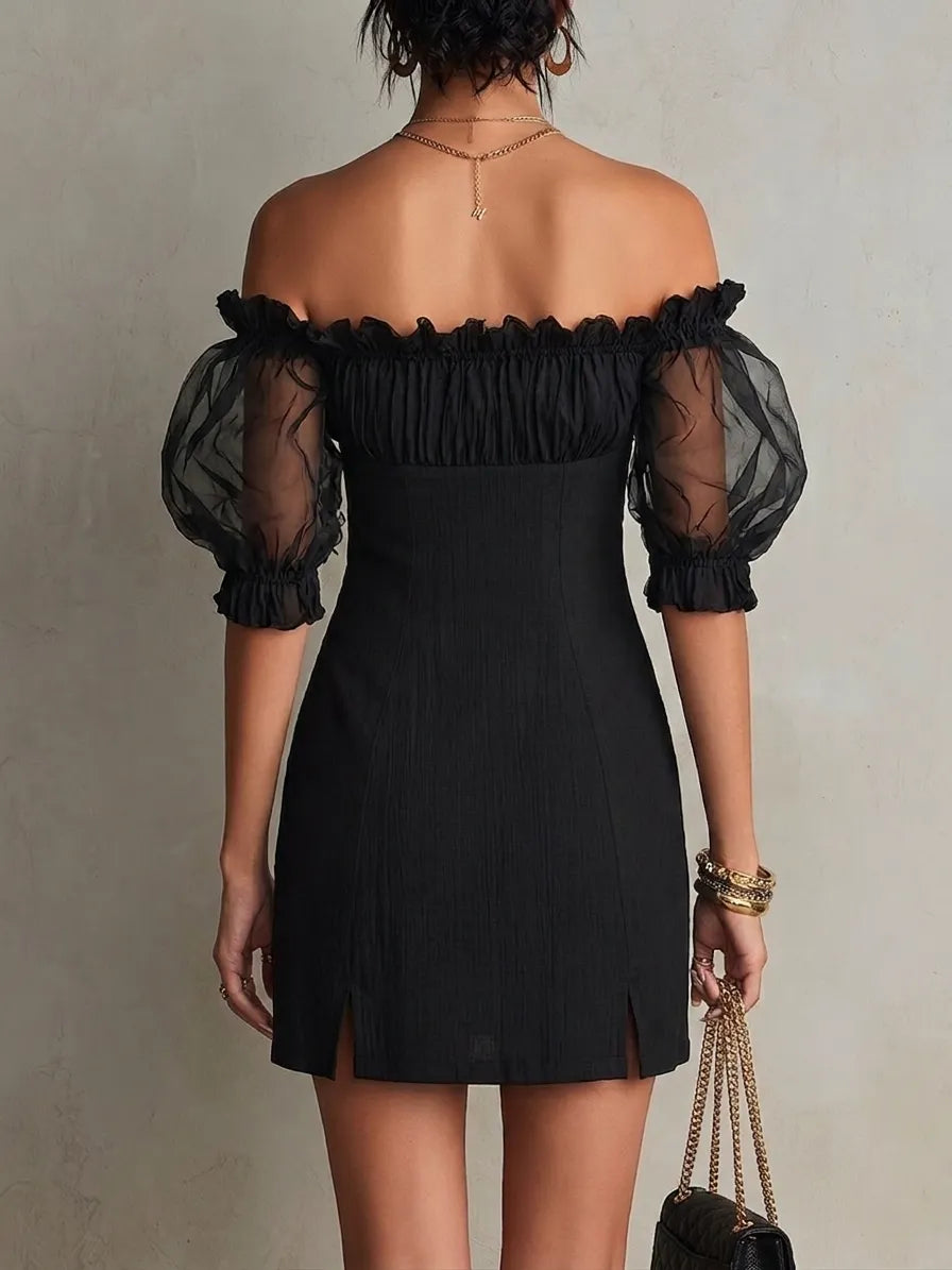 Black Off-Shoulder Puff Sleeve Studded Mini Dress