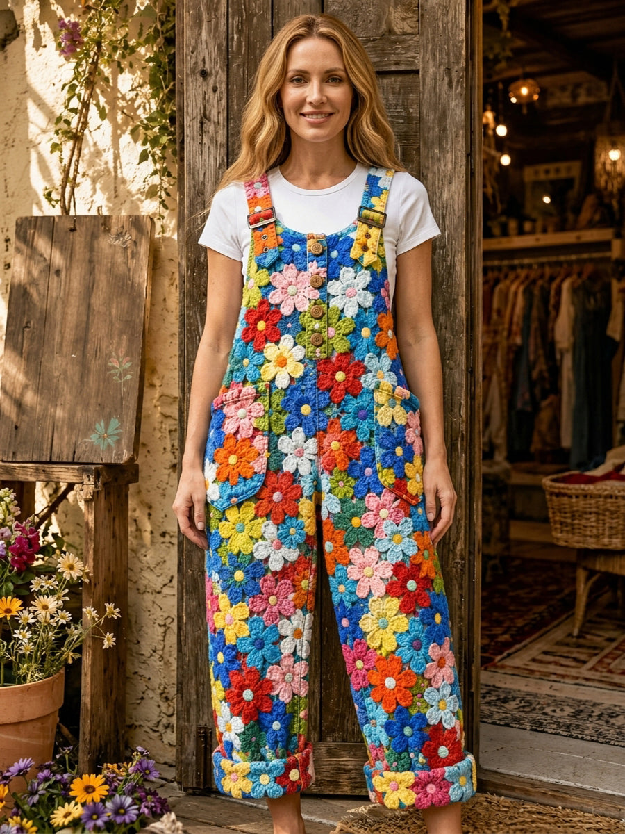Women's Retro Style Art Print Washed Cotton Denim Patchwork Jumpsuit