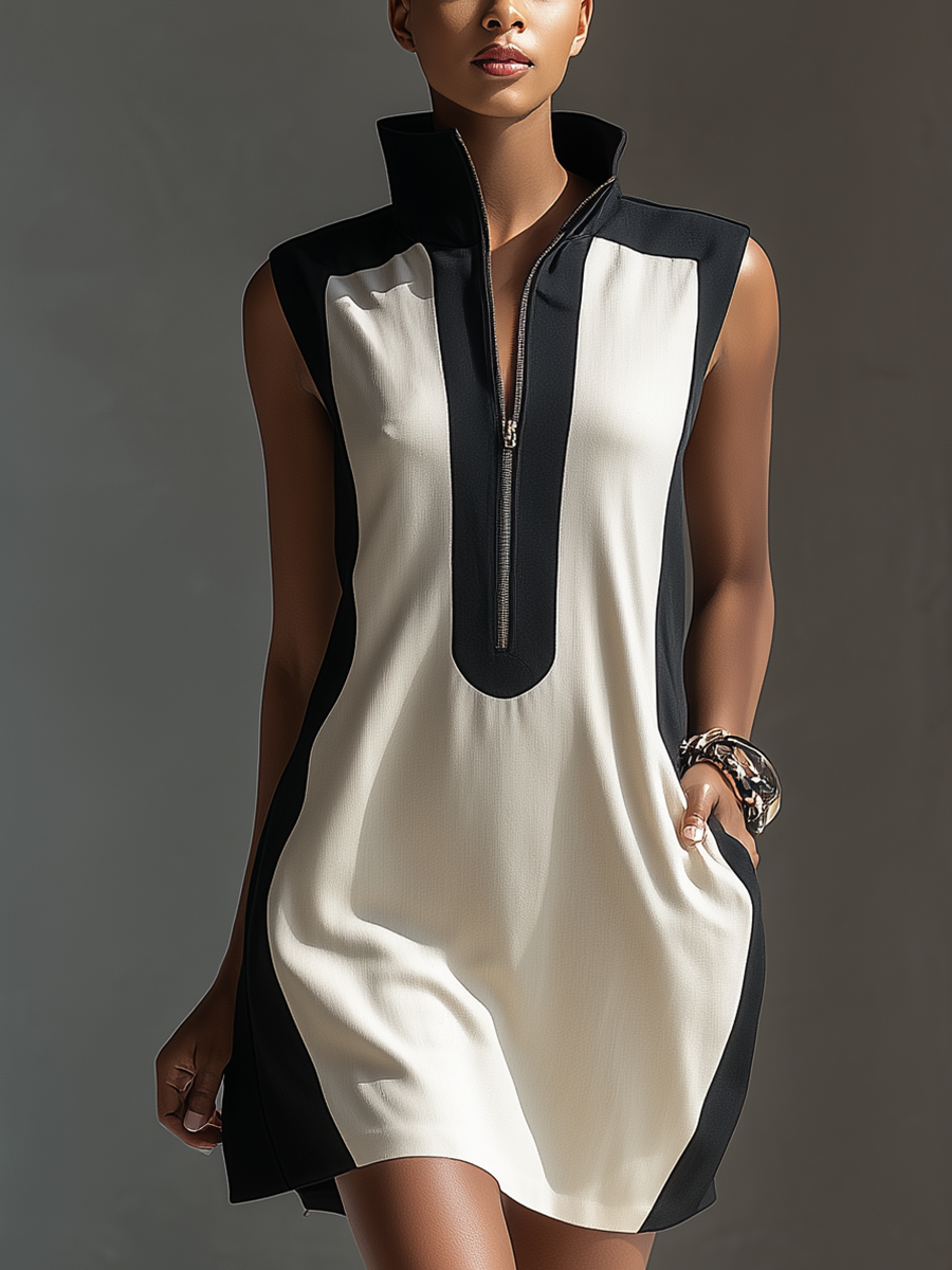 Black & White Color-Block Mini Dress With Stand Collar & Half-Zip