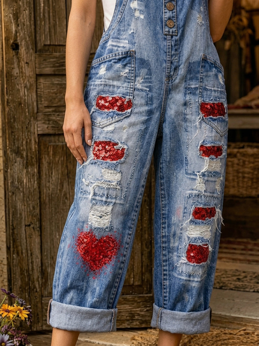 Women's Retro Style Art Print Washed Cotton Denim Patchwork Jumpsuit