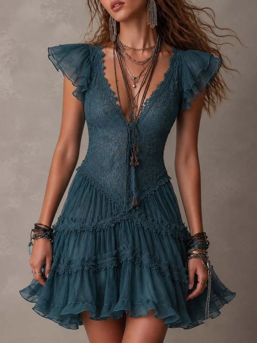 Retro Blue Lace & Chiffon Ruffled Mini Dress