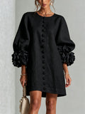 Black Floral Button-down Mini Dress With Striking Floral Cuffs