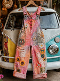 Women's Retro Style Art Print Washed Cotton Denim Patchwork Jumpsuit