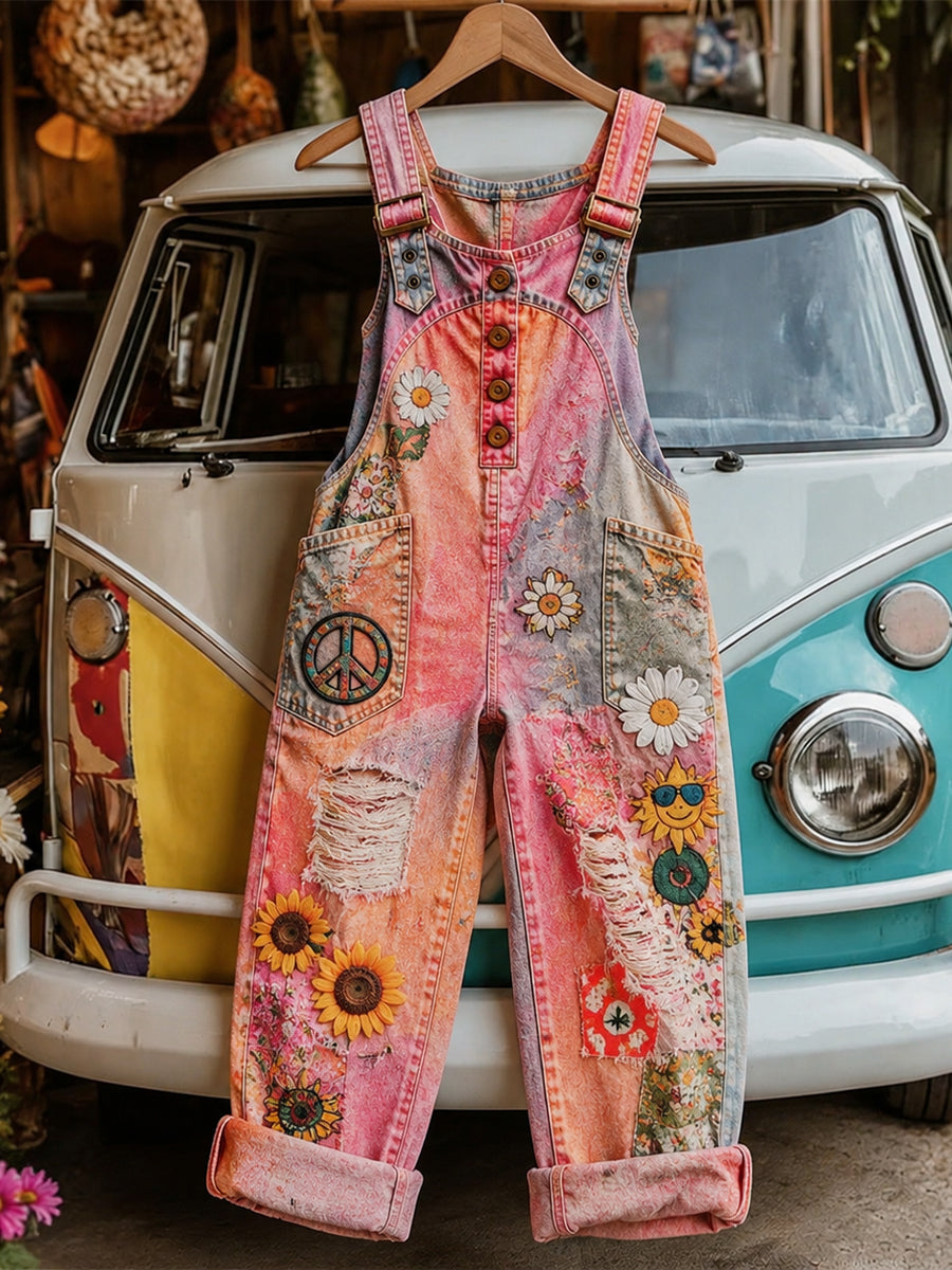 Women's Retro Style Art Print Washed Cotton Denim Patchwork Jumpsuit